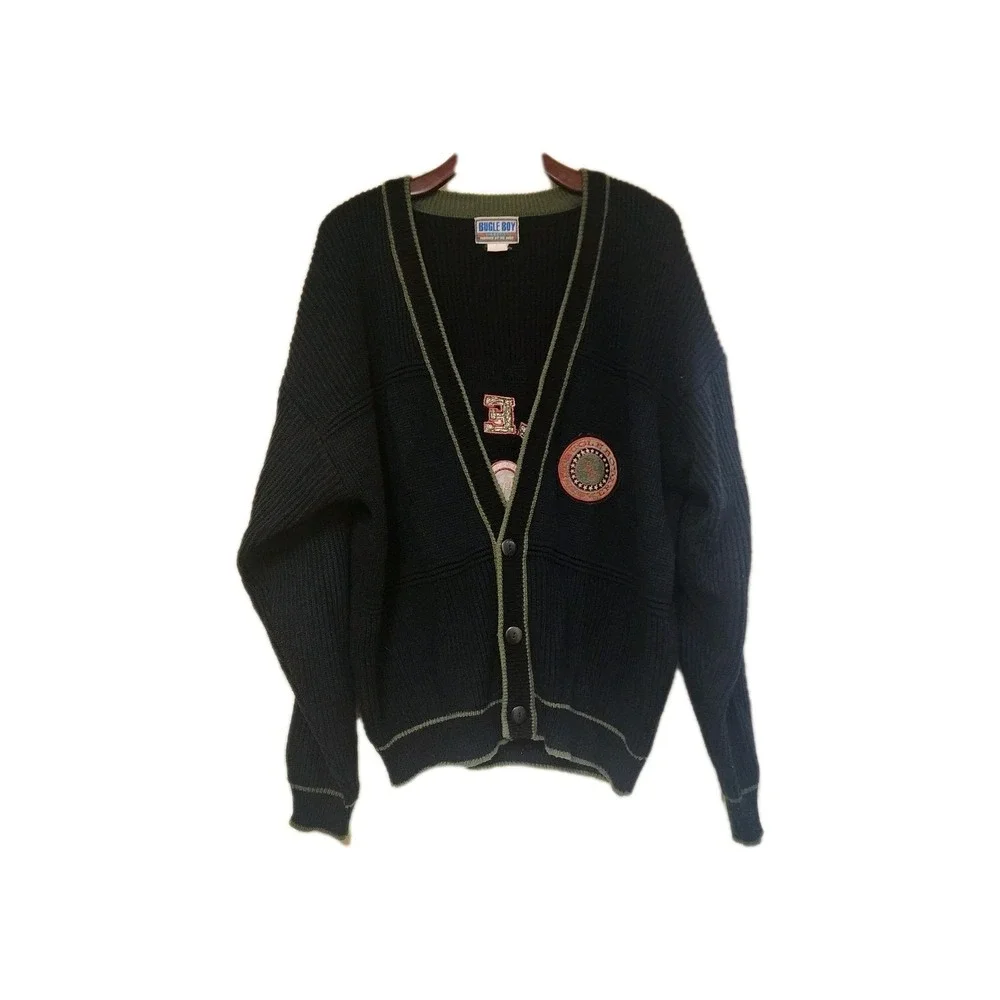Vintage BUGLE BOY Men's Cardigan Letterman Sweater Size L Global Challenge